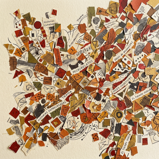 Abstract paper collage with Spanish phrases including “Microrrelatos,” “Trama,” and “Voces colectivas”